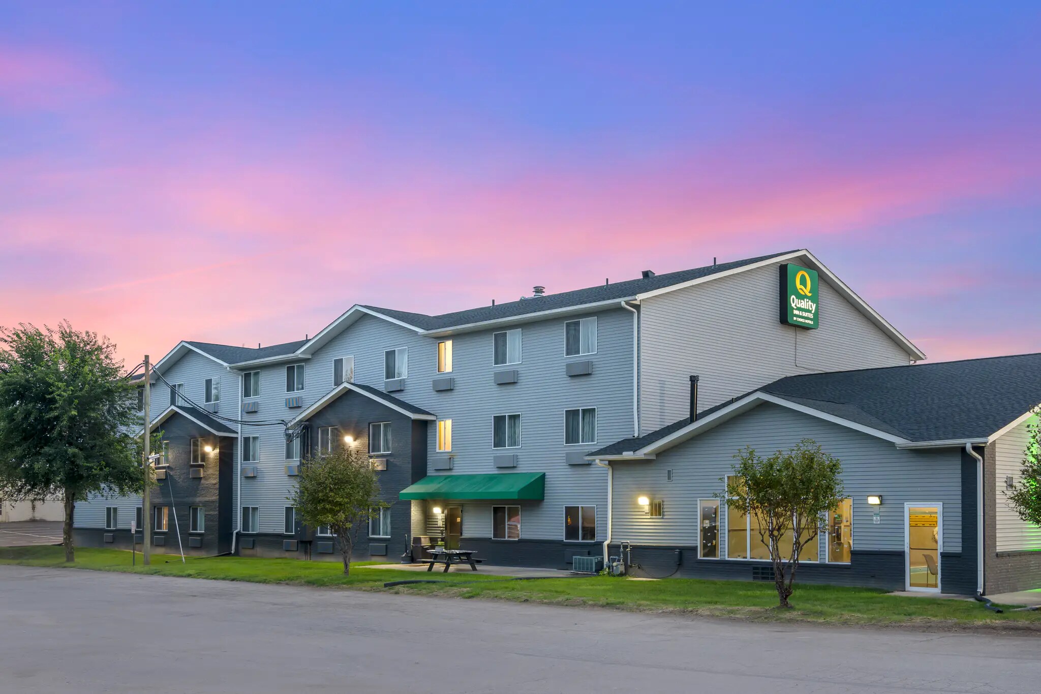 Hotel exterior at twilight